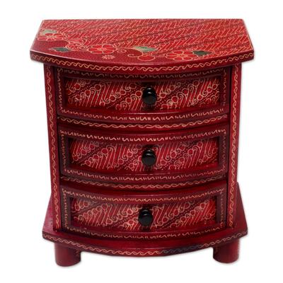 Scarlet Scrolls,'Red Parang Motif Handcrafted Wood Batik Jewelry Box'