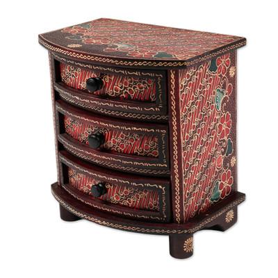 Scarlet Scrolls,'Red Parang Motif Handcrafted Wood Batik Jewelry Box'