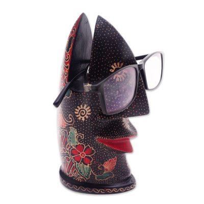 Batik Nose,'Hand-Painted Batik Wood Eyeglasses Holder from Java'