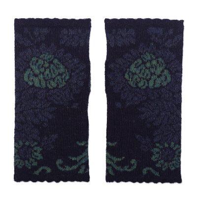 Blue Dream Garden,'Knit 100% Alpaca Floral Fingerless Mitts'