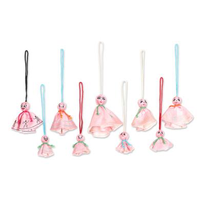 Pink Chekutty Dolls,'Set of 9 Embroidered Viscose Doll Holiday Ornaments in Pink'