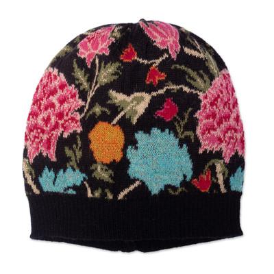 Primaveral Onyx,'Floral 100% Baby Alpaca Hat in an Onyx Base Hue Made in Peru'