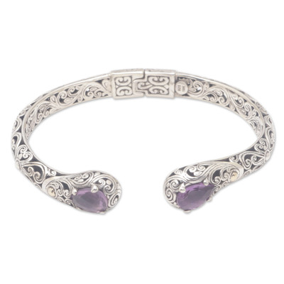 'Balinese 18k Gold-Accented Cuff Bracelet with Amethyst Gems'