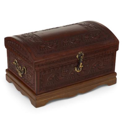 Mohena wood and leather jewelry box, 'Dark Inca Sea'