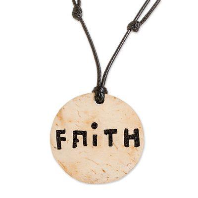 'Faith-Themed Coconut Shell and Lava Stone Pendant Necklace'
