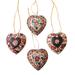 Heart Flowers,'Floral Batik Wood Heart Ornaments from Java (Set of 4)'