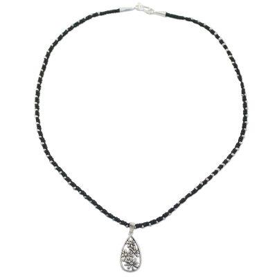 Floral Hill Tribe Drop,'Floral Hill Tribe Silver Pendant Necklace from Thailand'