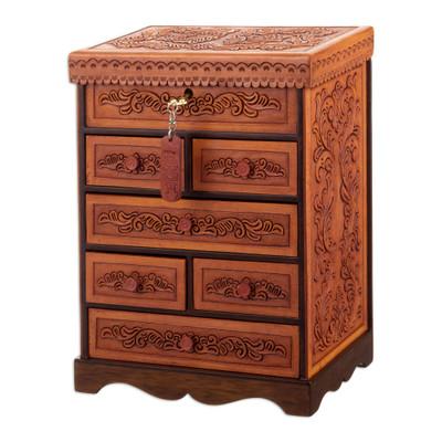 Baroque Secrets,'Handcrafted Traditional Brown Wood and Leather Jewelry Box'