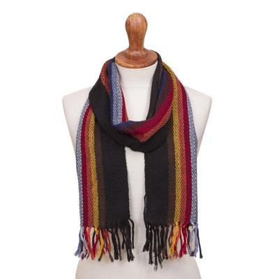 Mountain Evening,'Black with Colorful Stripes Handwoven 100% Alpaca Scarf'