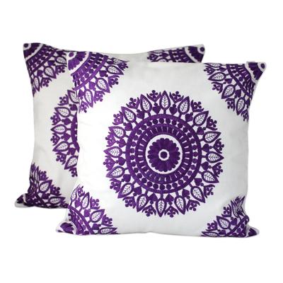 Cotton cushion covers, 'Amethyst Mandalas' (pair)