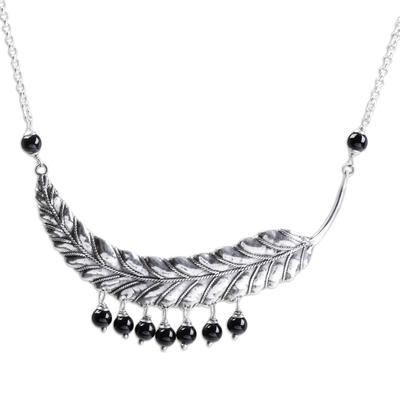 Dusky Dew,'Sterling Silver and Onyx Leaf Pendant Necklace from Bali'