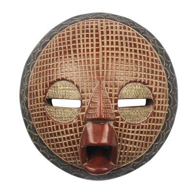 Edudzi,'Embossed Brass and Wood Round African Mask...