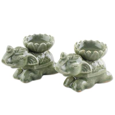 Polite Elephants,'Green Ceramic Elephant Incense Holders (Pair)'