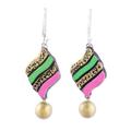 Jubilant Pennant,'Handcrafted Pink and Green Ceramic Pennant Dangle Earrings'