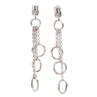Bamboo Waterfall,'Balinese Sterling Silver Handmade Engraved Dangle Earrings'