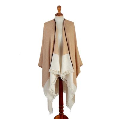 Dreamy Dunes,'Fringed and Suede Trimmed Baby Alpaca Ruana in Brown & White'
