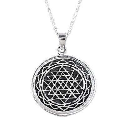 Shri Yantra Mantra,'Intersecting Triangles Sterling Silver Pendant Necklace'