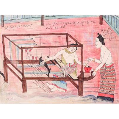 The Weaving,'Painting of a Weaver and Teacher in Thai Temple Style'