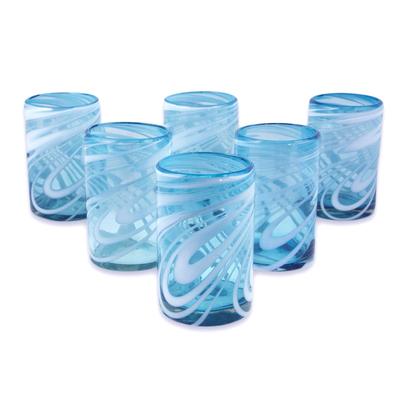 Blown glass water glasses, 'Whirling Aquamarine' (set of 6)