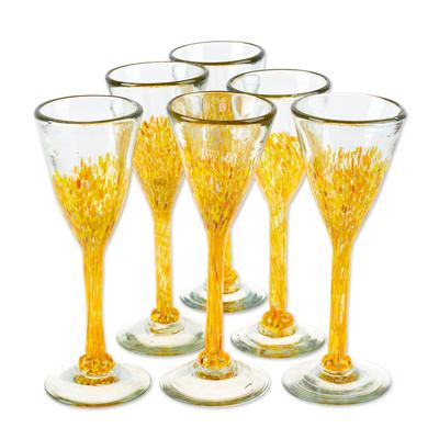 Yellow Strokes,'Set of 6 Handblown Recycled Glass Champagne Flutes in Yellow'