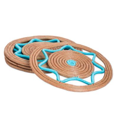 Traditional Meal in Turquoise,'Handcrafted Pine Needle Placemats in Turquoise (Set of 4)'