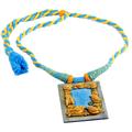 Birdsong,'Handcrafted Ceramic Blue and Gold Bird Frame Necklace'