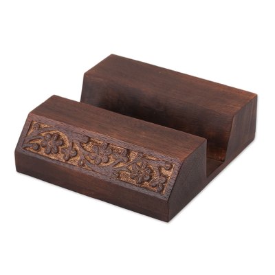 Desk Garden,'Wood Mobile Device Stand with Hand Carved Floral Motif'