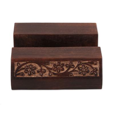 Desk Garden,'Wood Mobile Device Stand with Hand Carved Floral Motif'