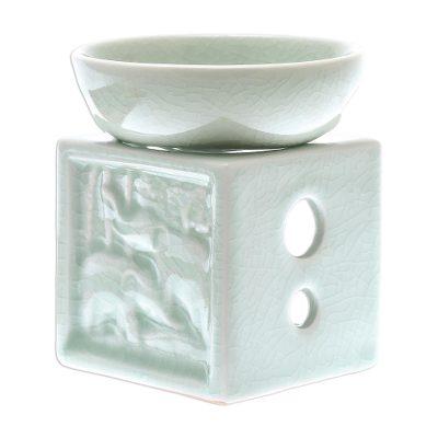 'Elephant-Themed Celadon Ceramic Oil Warmer from T...