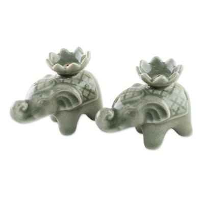 Lotus Elephant,'Elephant and Lotus Ceramic Incense Holders from Thailand (2)'