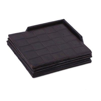 Dark Labrynth,'Set of Four Handcrafted Leather Coasters from India'