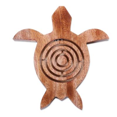 'Turtle-Shaped Polished Acacia Wood Labyrinth Game from India'