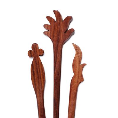 'Set of 3 Hand-Carved Leafy Natural Brown Mango Wood Hairpins'