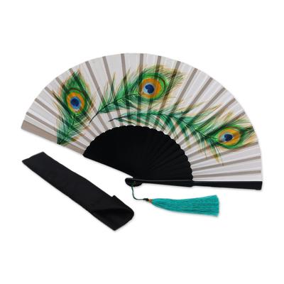 Peacock Feather Path,'Handmade Mahogany Fan with P...