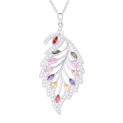 Glittering Leaf,'Colorful Rhodium Plated Sterling Silver Leaf Necklace'