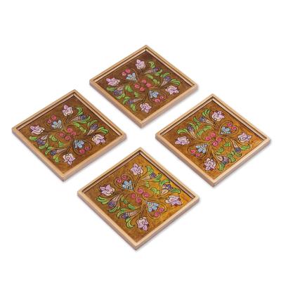 Floral Gold,'Reverse Painted Glass Floral Coasters...