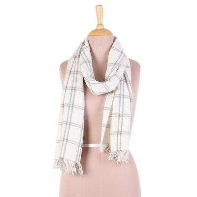 Himalayan Journey,'Hand Woven Eggshell Wool Blend Checkered Scarf from India'