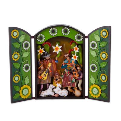 Sunrise Nativity,'Wood and Plaster Andean Nativity Retablo with Musicians'