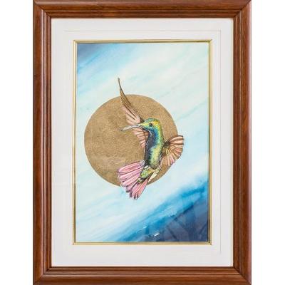 Hummingbird over Gold,'Watercolor Hummingbird Painting with a Cedar Frame'