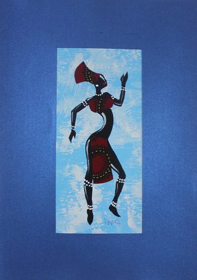 Kpanlogo Dance II,'Painting of a Dancing Woman in a Red Cotton Dress from Ghana'