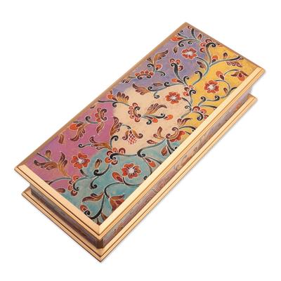 'Reverse-Painted Glass Floral Decorative Box in Gold Tone'