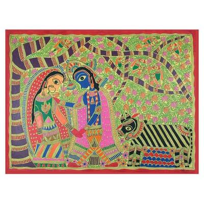 Krishna Meets Radha,'Madhubani painting'