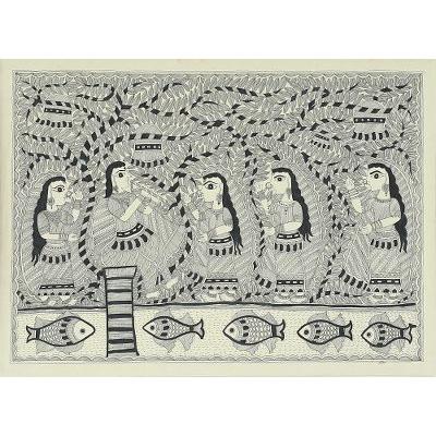 Krishna's Song II,'Black and White Madhubani Painting of Krishna and Radha'