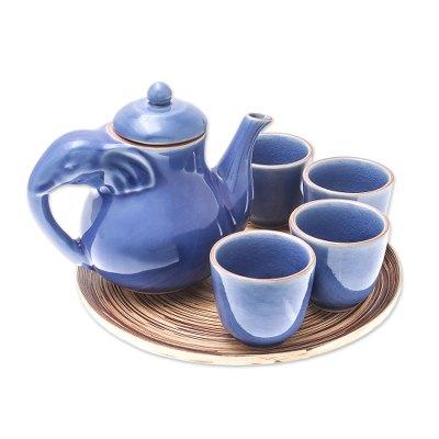 'Elephant-Themed Blue Ceramic Tea Set for 4 (6 Pieces)'