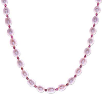 Pearl and garnet strand necklace, 'Sea of Love'