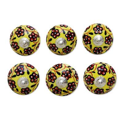 Flower Bed,'Yellow and Red Floral Ceramic Cabinet Knobs (Set of 6)'