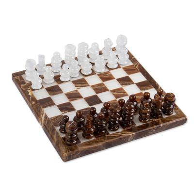 Chocolate and Milk,'Brown and White Onyx Mini Chess Set Handcrafted in Mexico'