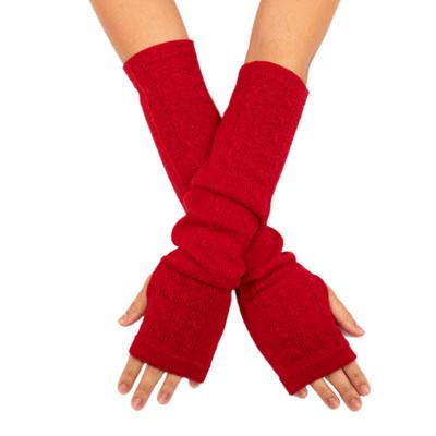 Luscious Twist in Poppy,'Red 100% Baby Alpaca Cable Knit Fingerless Mitts from Peru'