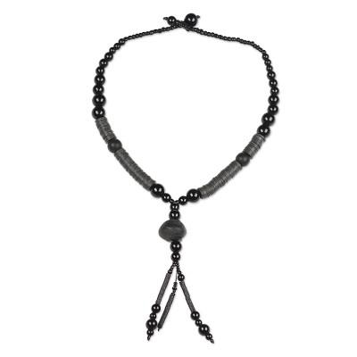 Tutum Yefe,'Ghanaian Black Recycled Plastic Bead Y-Necklace'