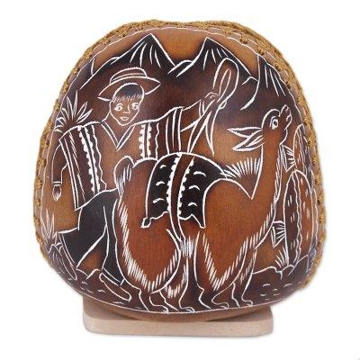 Pastoral Valley,'Andean Valley Life Hand Carved Gourd Napkin Holder'